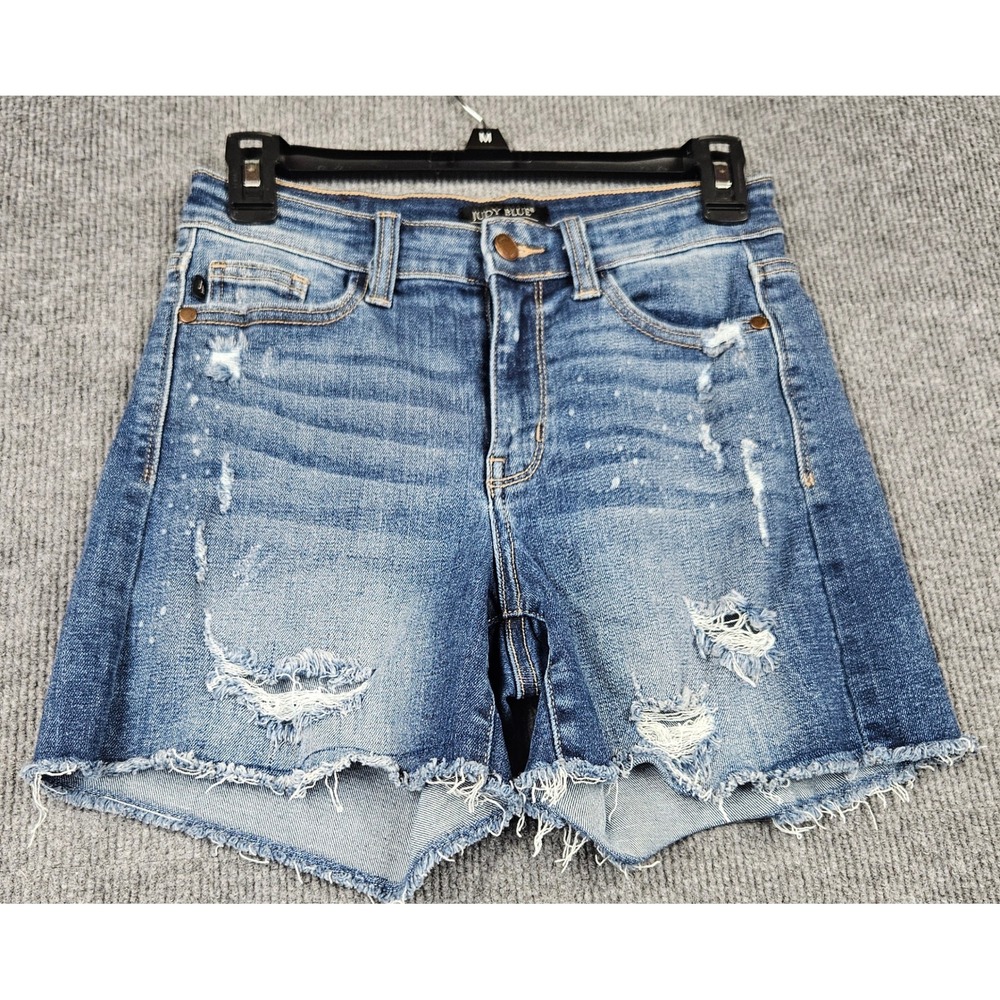 Judy Blue Distressed Denim Shorts Medium Wash Bleach Splatter Size S